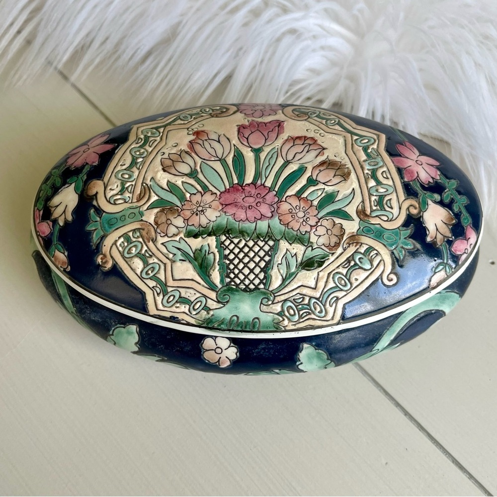 VTG Hand Painted Oval Blue Trinket Box HFP MACAU Sage Green Gilded Pink Flowers